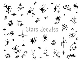 Hand drawn glitter star sparkling blinking spark doodle sketch scribble decorative scrapbook flare glare light vector illustrations