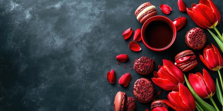 Aerial view of vibrant red tulips and chocolate macarons with a coffee cup on a dark textured table, petals scattered, with space for text.