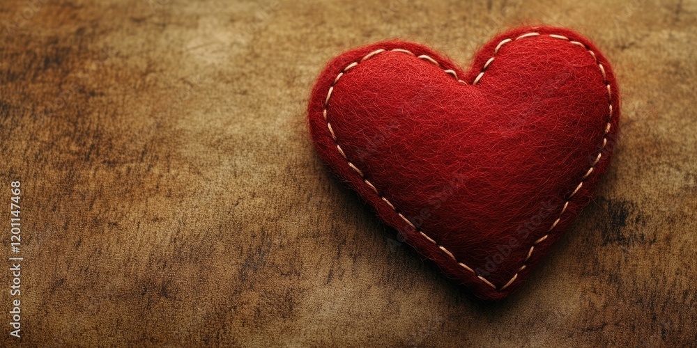 Poster red felt heart positioned center-left on a textured brown background, creating a warm and striking c