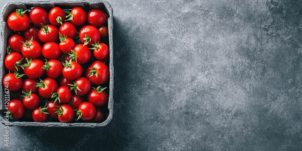 Poster fresh red cherry tomatoes overflowing in a dark grey basket placed on a textured grey backdrop, ampl
