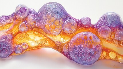 Fototapeta premium Abstract art of flowing, translucent, orange and purple bubbles.