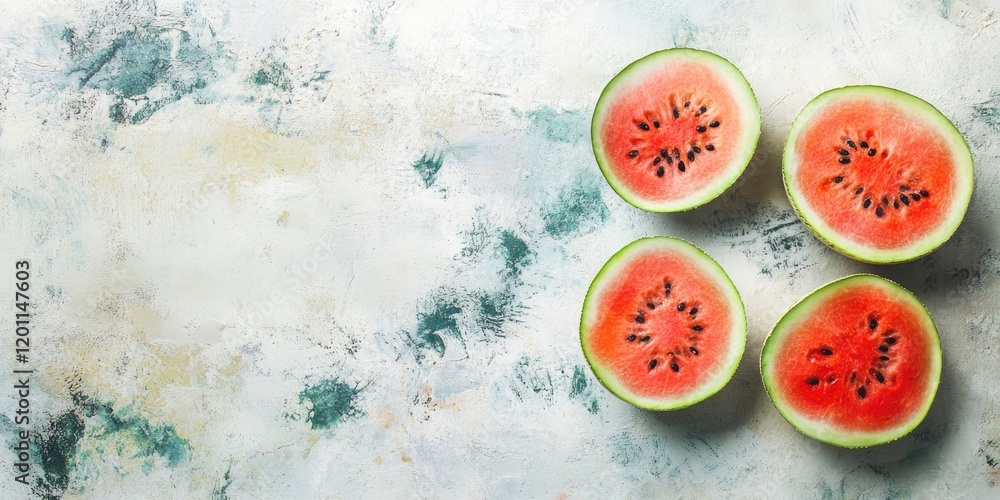 Poster Sliced watermelon halves in a vibrant red and green color scheme arranged on a light rustic table with textured background and ample copy space.