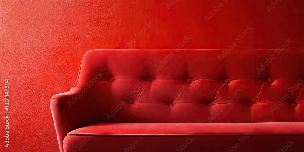Poster red velvet couch against a vibrant red textured wall displaying a minimalist design with subtle ligh
