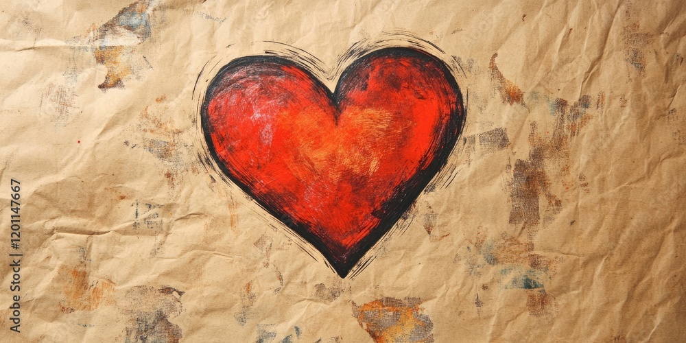 Aufkleber heart illustration in vibrant red color centered on textured brown paper backdrop with subtle stains
