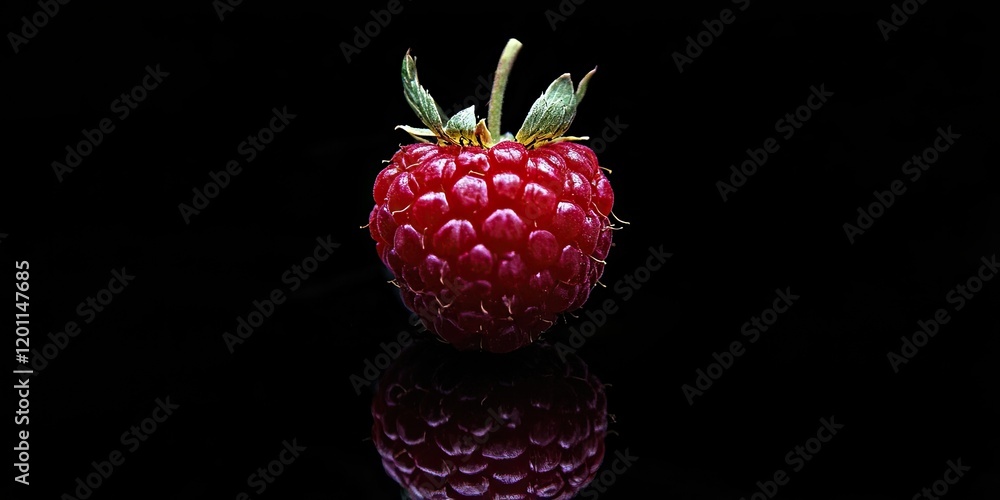 Poster close-up of a ripe raspberry centered on a black background with a reflective surface showcasing ric