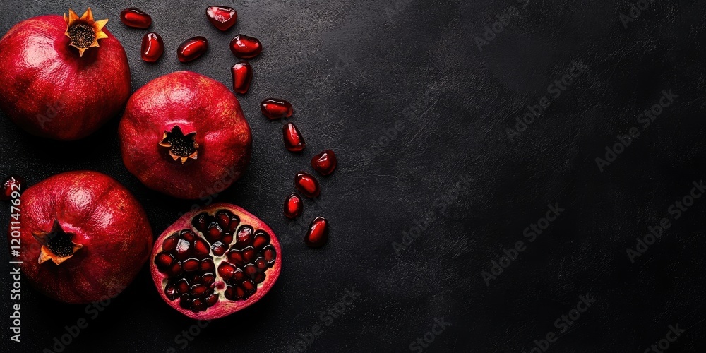 Poster ripe pomegranate fruits in shades of red on a dark textured background with a generous space for tex