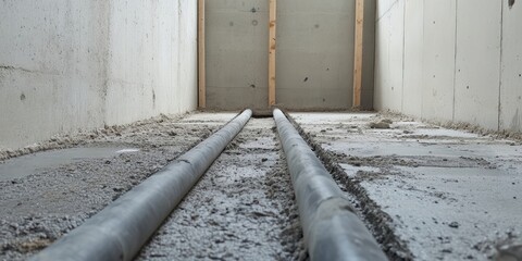 PVC pipes embedded in concrete floor aligned with wall panel surveying line gray tones linear perspective construction site interior view