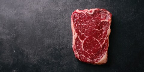 Organic raw black Angus steak on dark textured background with marbled red meat and visible fat, positioned on the left side of the image.