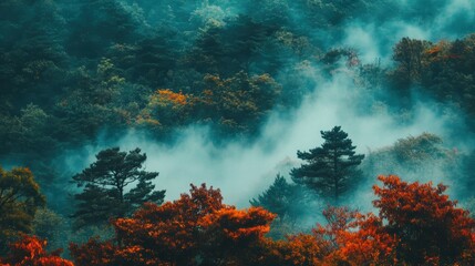 Misty forest landscape with vibrant autumn foliage at dawn in a serene mountainous region