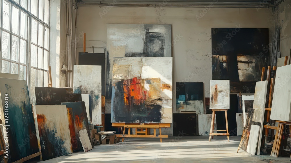 Poster sunlit artist's studio filled with various abstract paintings on easels and leaning against walls.