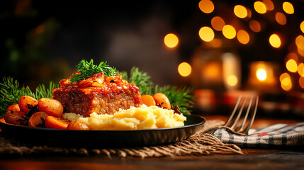 Scottish Haggis savory pudding, styled with mashed potatoes and turnips in a cozy Highland inn, [European hearty meals, cultural pride]
