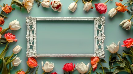 A blank white picture frame with a metal floral border centered encircled by daisies and violets