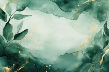 A dreamy abstract design featuring botanical green watercolor textures and scattered golden sparkles.