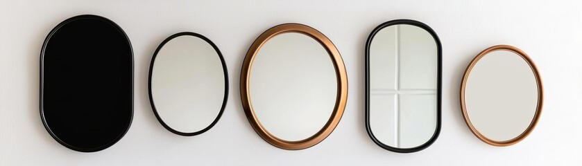 Obraz premium A stylish arrangement of mirrors in various shapes and sizes, enhancing modern interior design and home aesthetics.
