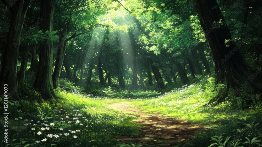 Poster sunlight filters through trees in a serene forest path surrounded by vibrant greenery and wildflower
