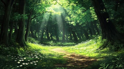 Obraz premium Sunlight filters through trees in a serene forest path surrounded by vibrant greenery and wildflowers