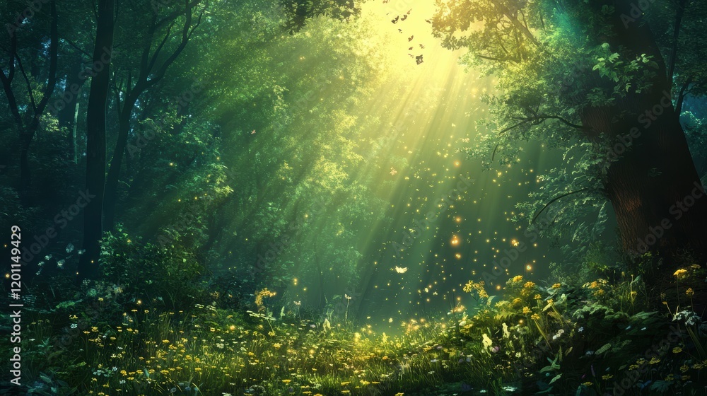 Poster sunlight filters through trees in a magical forest illuminated by shimmering fireflies at twilight