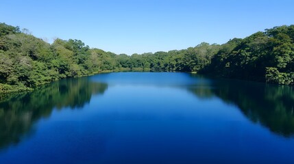 Serene Blue Lake Surrounded by Lush Green Trees