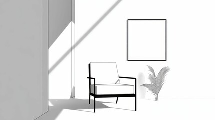 Fototapeta premium Chair, framed blank image, plant, and light in room.