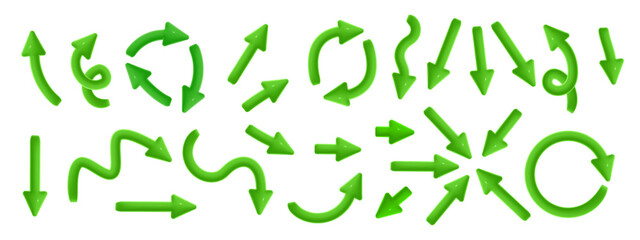 Obraz premium Arrows green 3d vector illustrations on white background set. Directions pointers of various shapes collection. Navigation symbols bunch