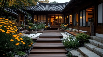 Fototapeta premium Traditional Korean houses with stone walls, beautifully decorated with Korean native flowers, create a harmonious and peaceful cultural atmosphere.