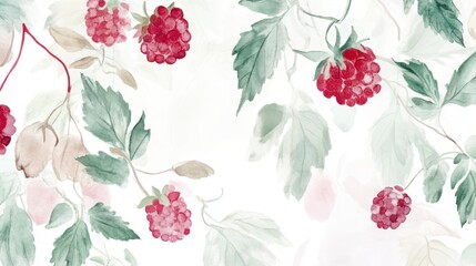 Delicate Watercolor Raspberries and Leaves - A Beautiful Floral Design