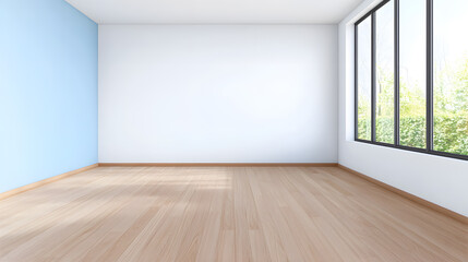 Empty modern interior room with an empty white wall and wooden floor mock up