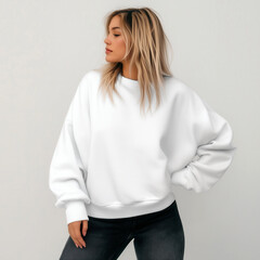 Women's white sweatshirt mockup. Blonde young female model in long sleeve t-shirt posing against plain gray background. Women's Gildan 18000, casual t-shirt. Blank basic shirt template