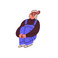 Happy girl in jumpsuit listens to music with headphone. Cute young woman with playing songs, audio records in headset, earphones sits, hugs knees. Flat isolated vector illustration on white background