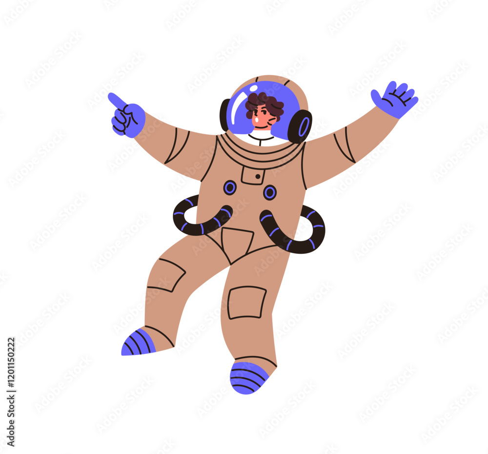 Poster astronaut in spacesuit pointing with finger, shows. spaceman in costume, helmet flies outer space. c