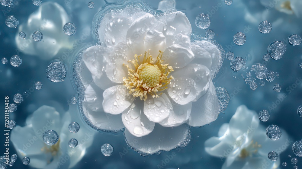 Poster close-up of a white flower floating on water, surrounded by bubbles.
