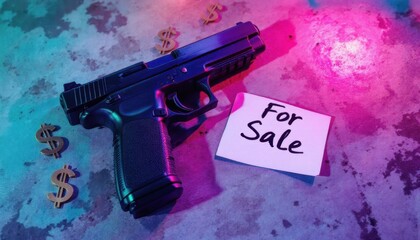 Handgun with for sale sign and dollar signs under neon lights