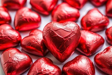 Heart-Shaped Chocolate Candies in Red Foil &ndash; Valentine's Day Sweets Top View