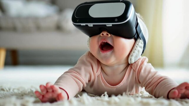 A crawling baby wearing a virtual reality headset, smiling with joy in a cozy home environment. VR technology, tech-savvy parenting, futuristic kids, Beta Generation