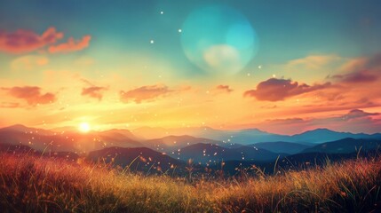 Obraz premium Colorful sunset over rolling mountains with vibrant clouds and sparkling light in the sky