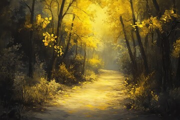 Obraz premium A dreamy forest path lined with vibrant yellow leaves and illuminated by soft sunlight.