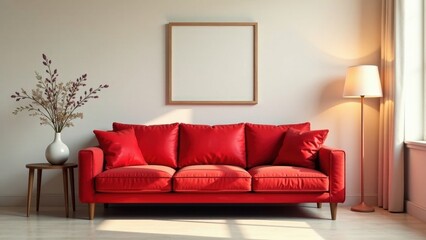 A Vibrant Red Leather Sofa in a Modern Living Room Setting with a Simple Wooden Frame and Dried Floral Arrangement