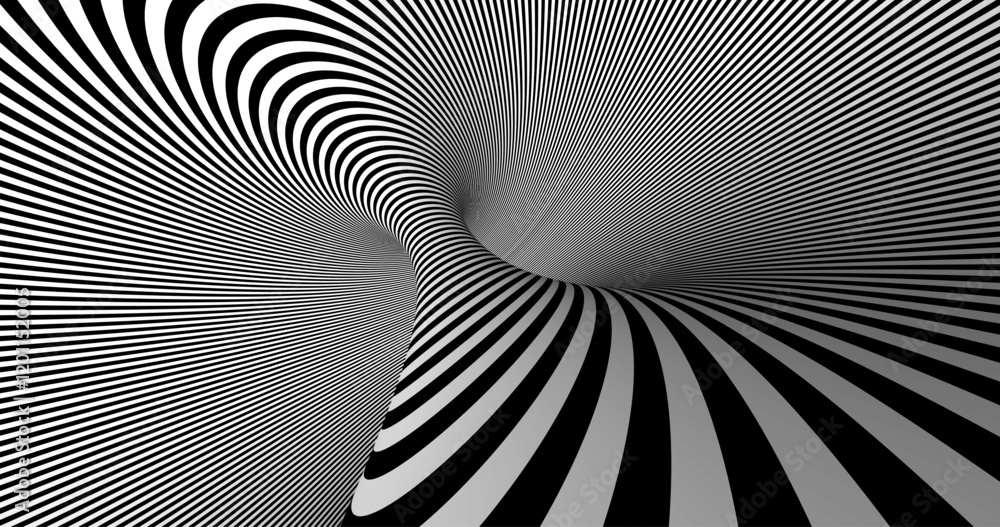 Poster Vector black and white striped pattern that creates a 3D optical illusion with curved and distorted lines. This abstract design is perfect for modern art, visual effects or unique creative projects.