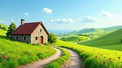 Fototapeta premium Stone cottage nestled on a verdant hillside, winding road leading to distant rolling hills under a bright sunny sky