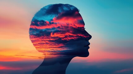 Cloudy watercolor idea. A silhouette of a person with vibrant clouds reflecting emotions and thoughts.
