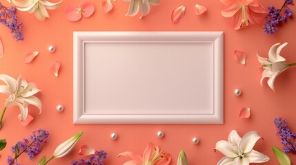 A blank white picture frame with a pearl relief border centered encircled by lilies and violets