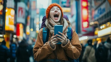 Fototapeta premium Woman laughs while using phone in a crowd.