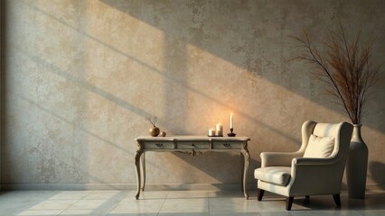 Serene Interior Design with Elegant Console Table and Wingback Chair Illuminated by Gentle Sunlight