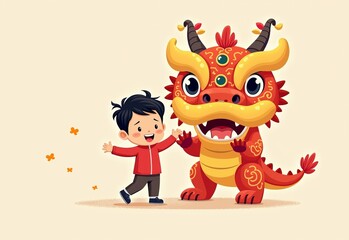 Fototapeta premium Traditional Chinese Art: Festive New Year Illustration, Cute Boy in Red Dancing with Lion Head, Exaggerated Dragon Hat, Colorful Tassels and Horns, Cartoon Characters, Bright Colors. Perfect for Lunar