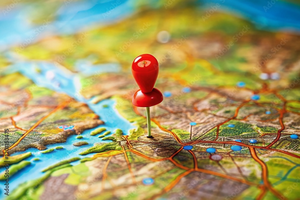 Poster high-angle view miniature map red pinpoint location gps navigation