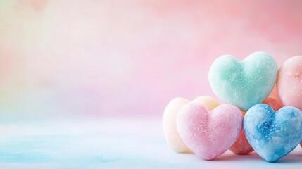 Fototapeta premium Candy watercolor concept. Colorful heart-shaped candies arranged against a soft pastel background.