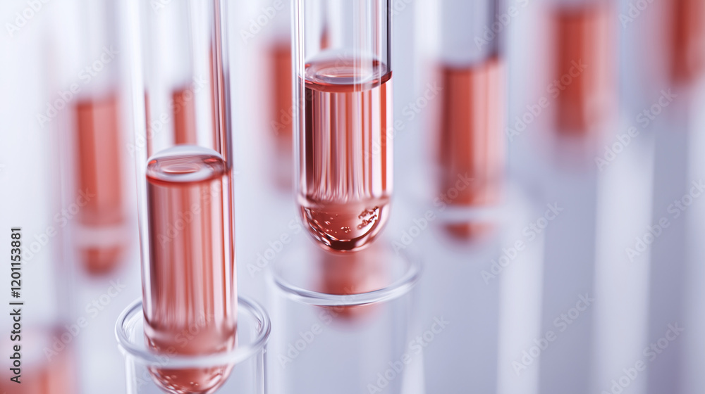 Poster rows of test tubes with red liquid: close-up view of multiple test tubes filled with a vibrant red l