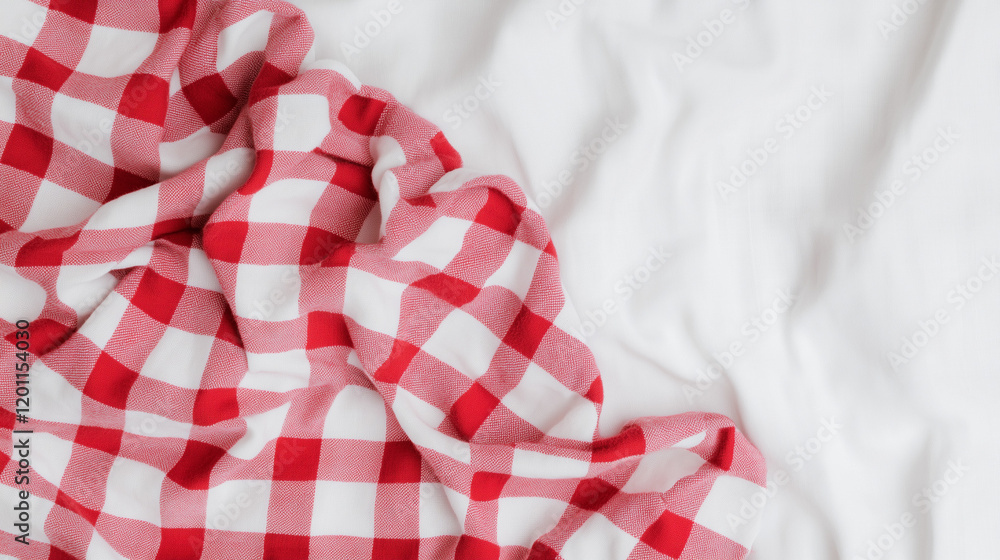 Poster red gingham on white sheet: a close-up shot of a crumpled red and white gingham fabric draped artist