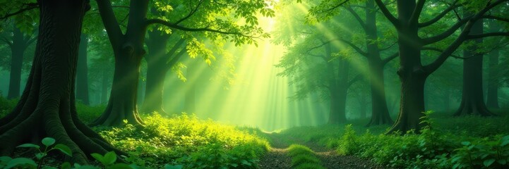 Obraz premium Misty green forest, sunlight dappled through leaves, imagery, woods