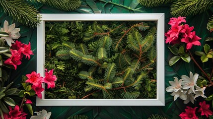 A blank white picture frame with a pine tree border in the center surrounded by azaleas and violets